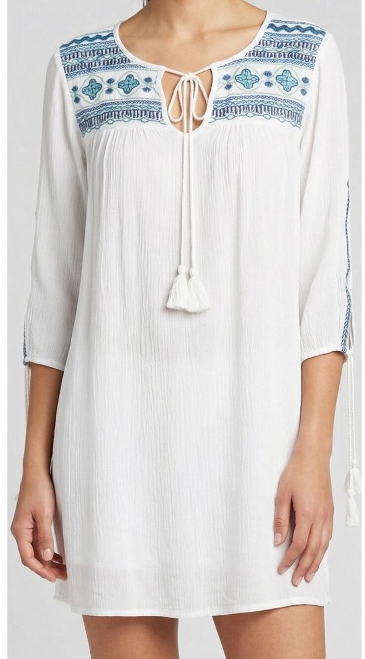 Falls Creek Small Peasant Dress 3/4 Sleeve White with Blue and Tassels